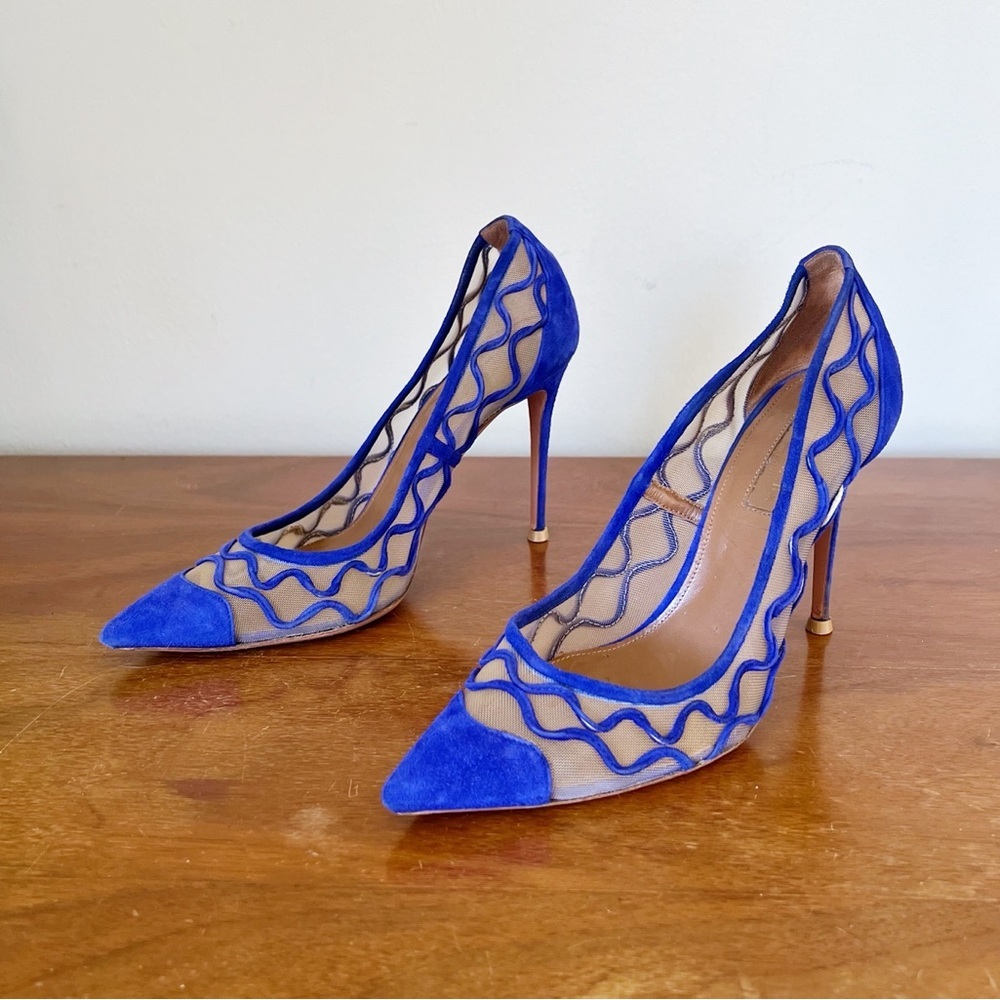 Aquazzura Blue Mesh and Suede Pointed-Toe Stiletto Pumps - Picture 10 of 10